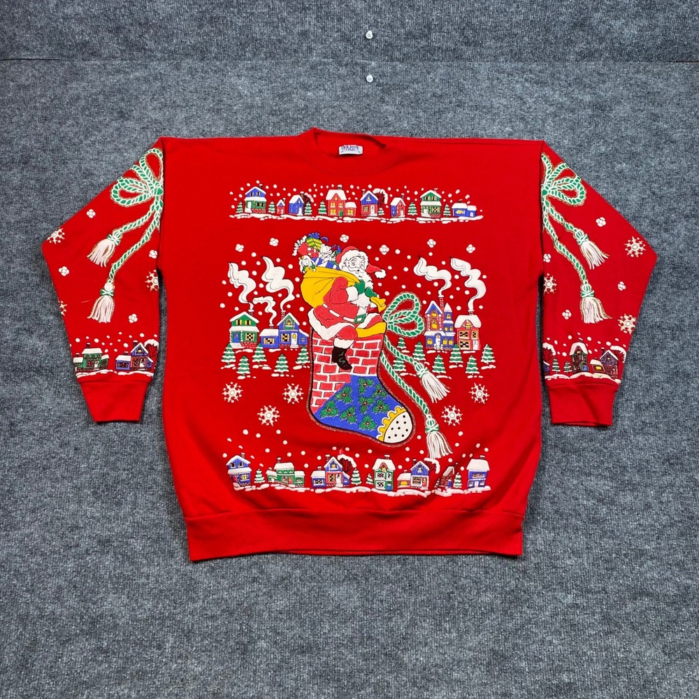 Holiday Time Mens Red Santa Puff Print Christmas Sweatshirt XL Made in USA